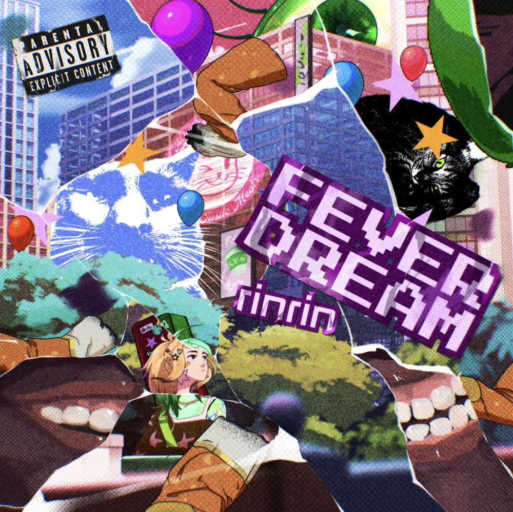 Album artwork for RinRin single Fever Dream, featuring a colorful collage with pixelated purple text, balloons, stars, and anime style art.